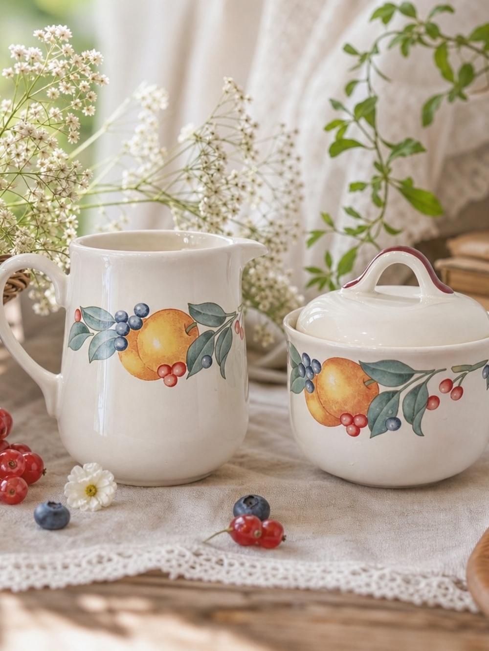 Corelle Country Cottage Fruit Creamer & Sugar Bowl Set Vintage 1990s Kitchenware